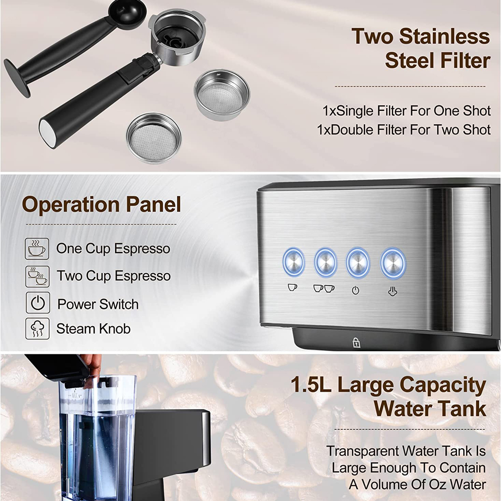 Halbautomatische Espressomaschine, 15 Bar, 1050 W – Mit Filtertür Und Doppelsieb – Schwarzes Abs Und Metall – 1,5-liter-wassertank – Für Cappuccino Und Latte Macchiato