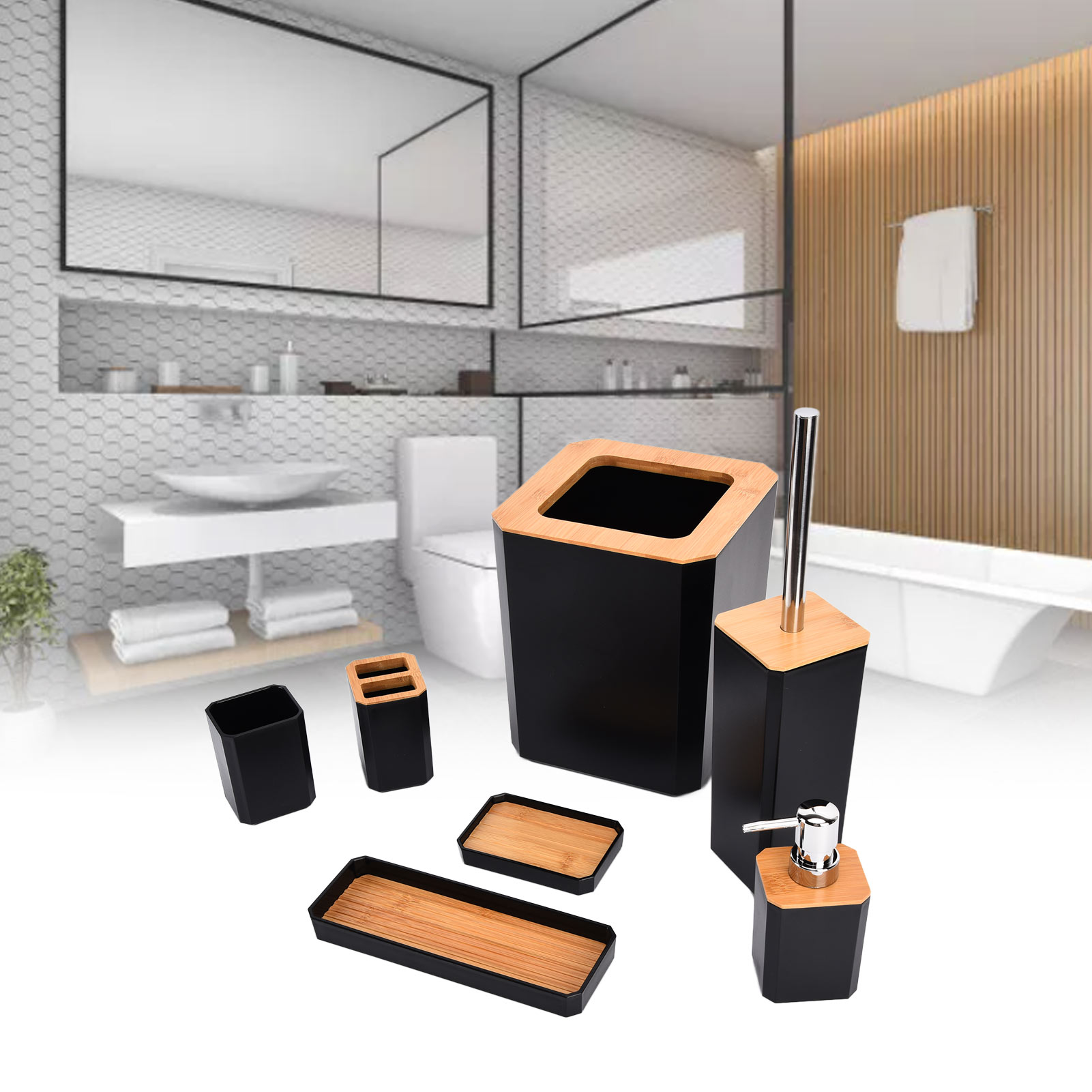 7-teiliges Badezimmer-accessoire-set Aus Bambus (schwarz) – Seifenablage, Zahnbürstenhalter, Handtuchhalter Und Wc-bürste