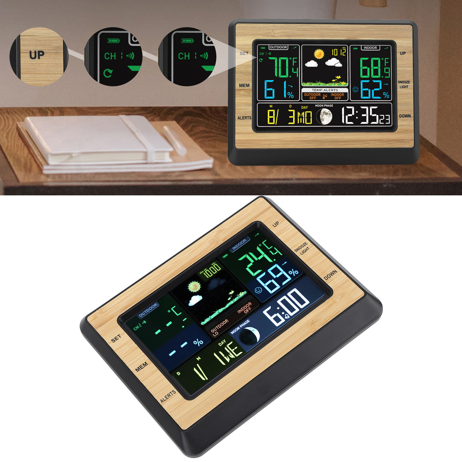 Digitale Wetterstation Mit Externem Sender, Schutzart Ip54 – Abs/bambus, Innen-/außentemperaturerkennung (-40 °c Bis 70 °c), 433 Mhz, Farbdisplay, Alarme, 5 Sprachen, 18 X 14 Cm