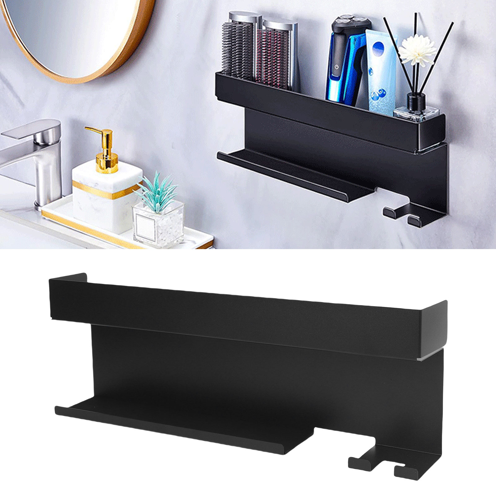 Selbstklebender, Wandmontierter Haartrocknerhalter Multifunktionaler Organizer Mit Schwarzem Stahlgitter Bietet Platz Für 7 Zubehörteile Und Netzkabel