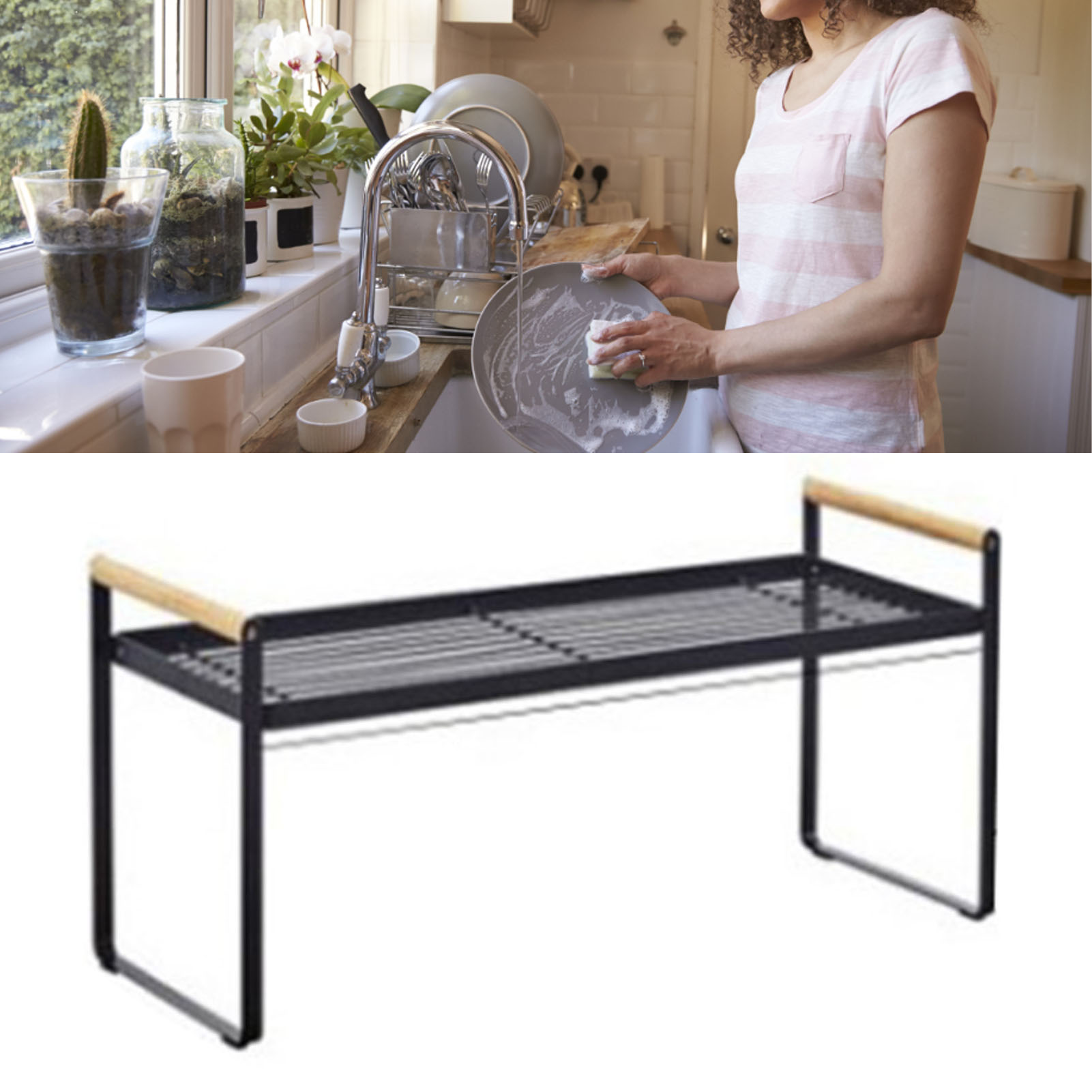 Multifunktionales, Zweistöckiges Schwarzes Küchenregal Mit Holz- Und Metallgestell Zur Aufbewahrung Von Gewürzen Und Schüsseln