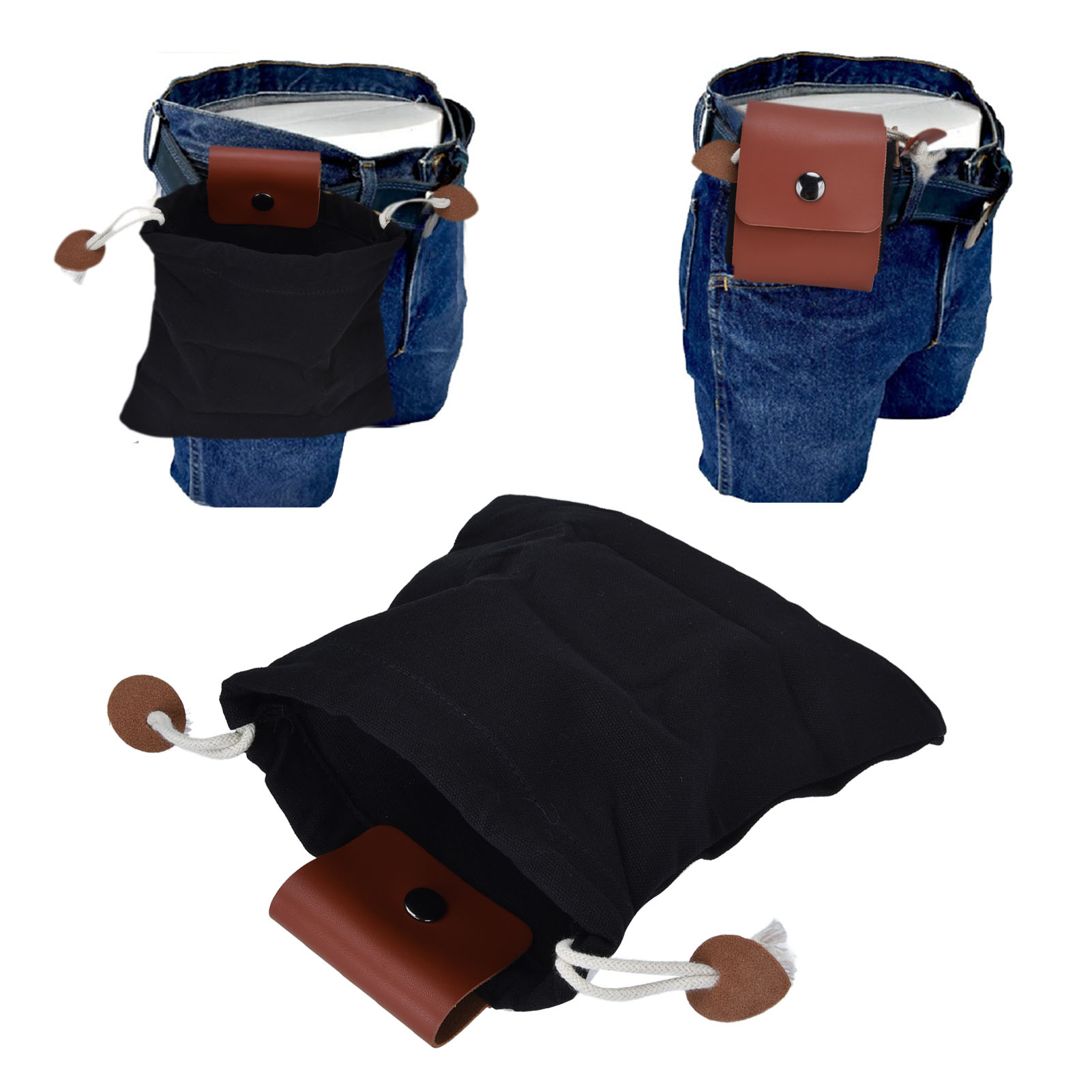 Sammelbeutel Aus Pu-leder Und Canvas – Aufbewahrungstasche Für Camping, Am Gürtel Befestigbar – Maße: 21 X 22,5 Cm – Schwarz