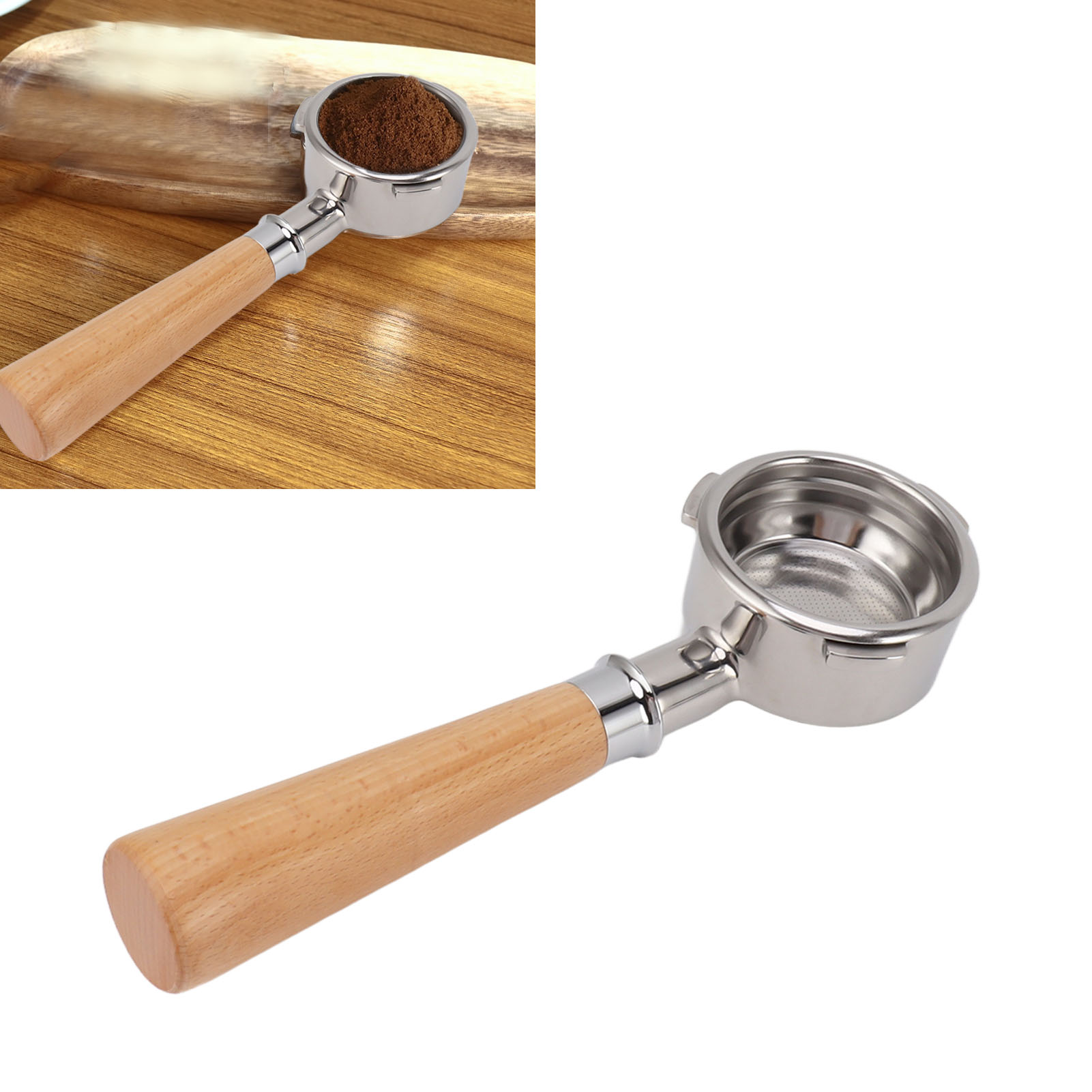 Bodenloser 58-mm-edelstahl-siebträger Mit 3 Ohren Und Griff Aus Naturholz Für Barsetto-kaffeemaschinen Der A2-serie In Buche - Kompatibel Mit 58-mm-sieben.