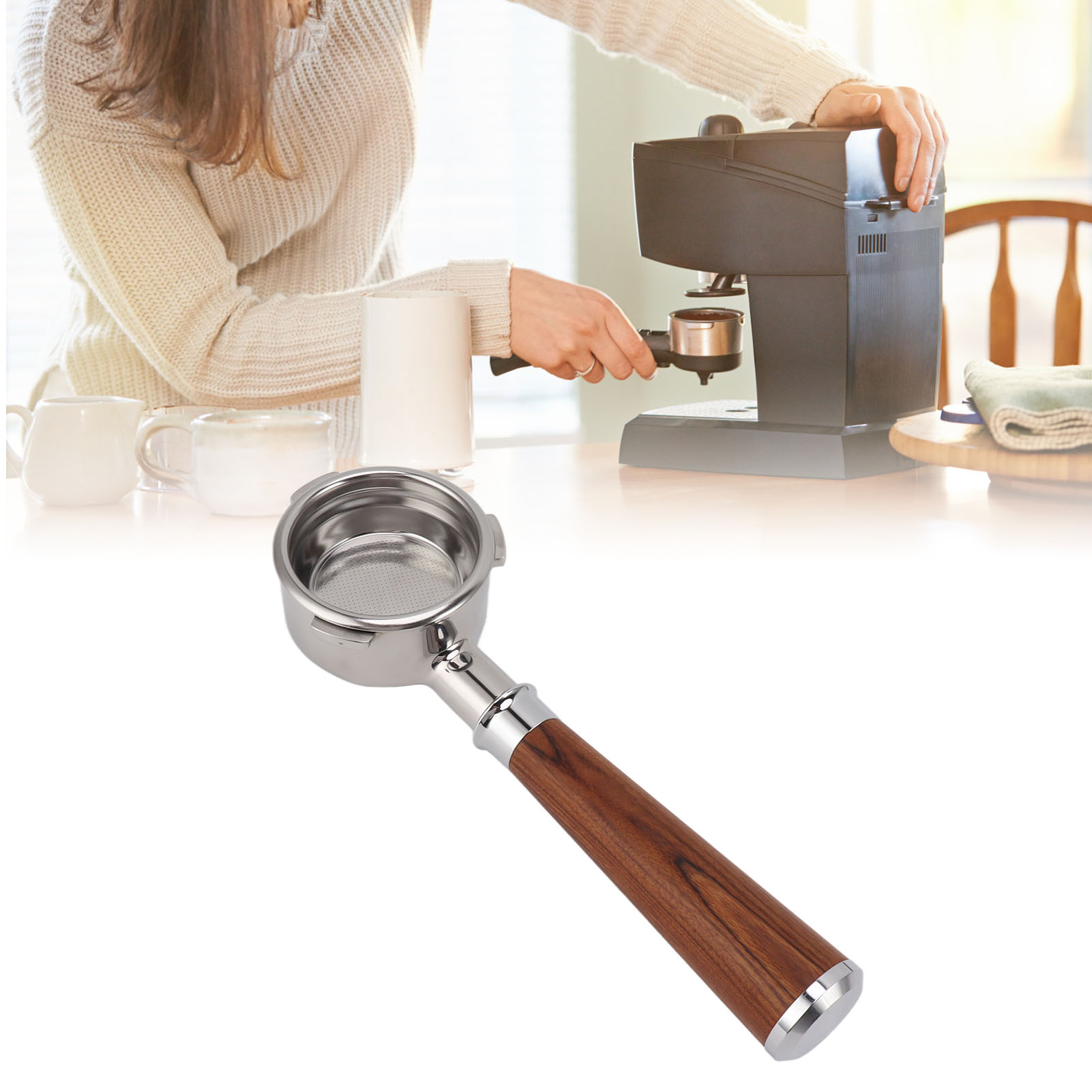 Siebträger Ohne Fuß, 58 Mm, 3 Ohren, Aus Edelstahl Mit Holzgriff Für Kaffeemaschinen, Redwood-stil – Kapazität 1