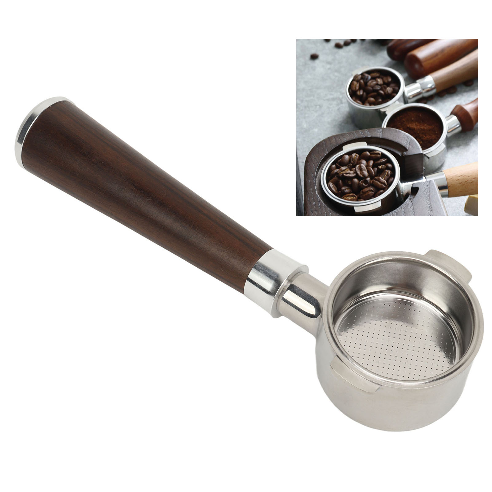 51-mm-siebträger Ohne Boden Mit Zwei Halterungen, Kompatibel Mit Delonghi-kaffeemaschinen, Edelstahl Mit Holzgriff