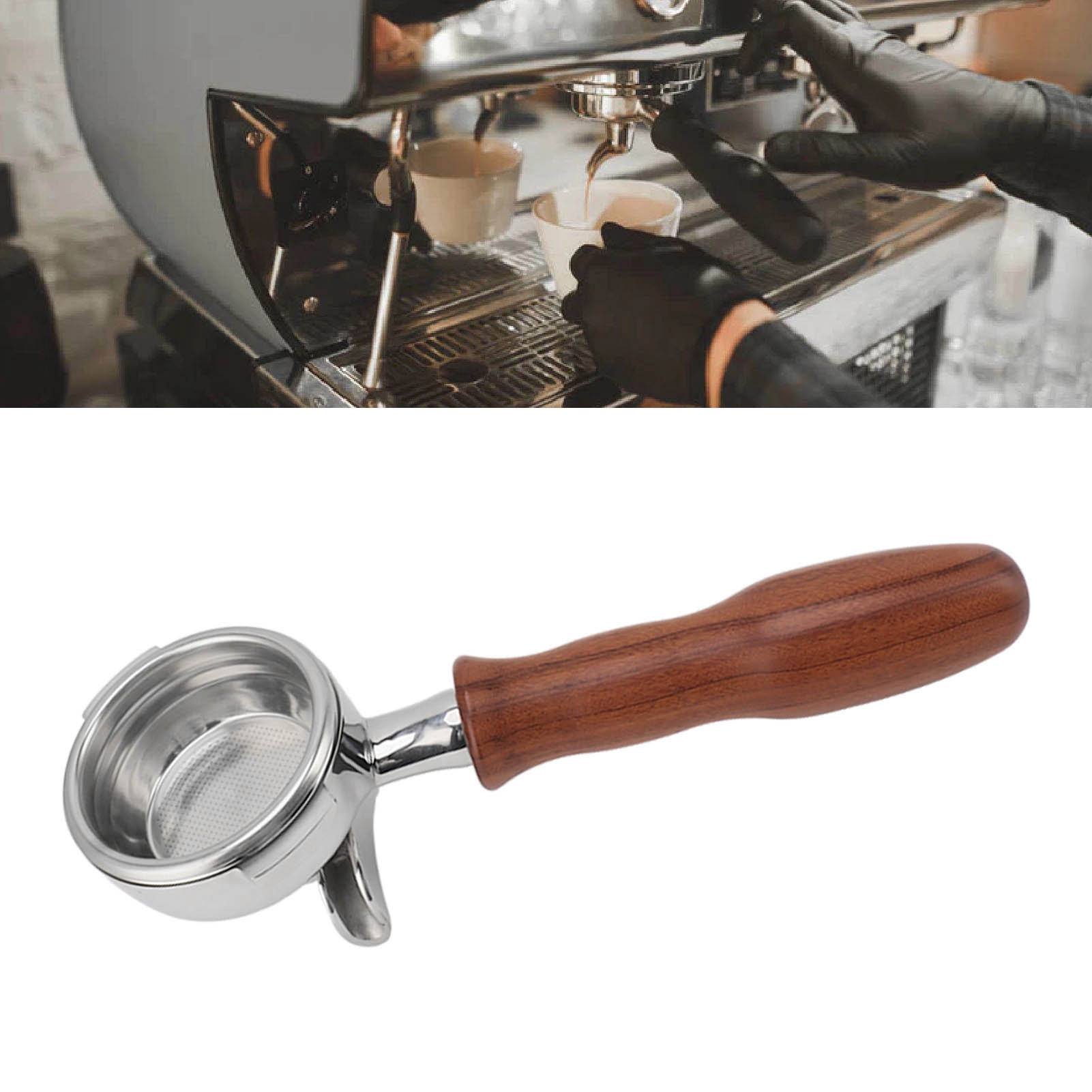 Nuova Holz-siebträger Für Kaffeemaschinen – 58-mm-doppelauslauf-siebträger Aus Edelstahl Mit Herausnehmbarem Siebkorb Und Zwei Halterungen