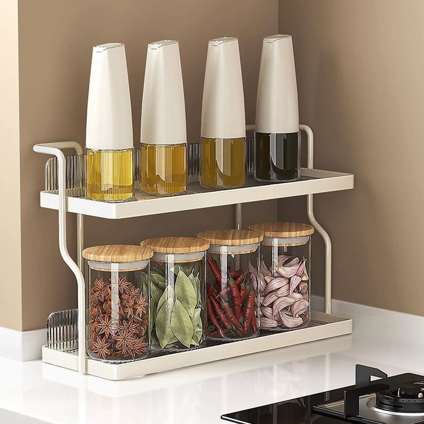 Freistehender, Zweistöckiger Multifunktions-organizer Für Küche, Schlafzimmer, Badezimmer, Unter Der Spüle, Weiß-creme-carbon, 30,5 X 20,3 X 12,2 Cm Mit 2 Klebestreifen