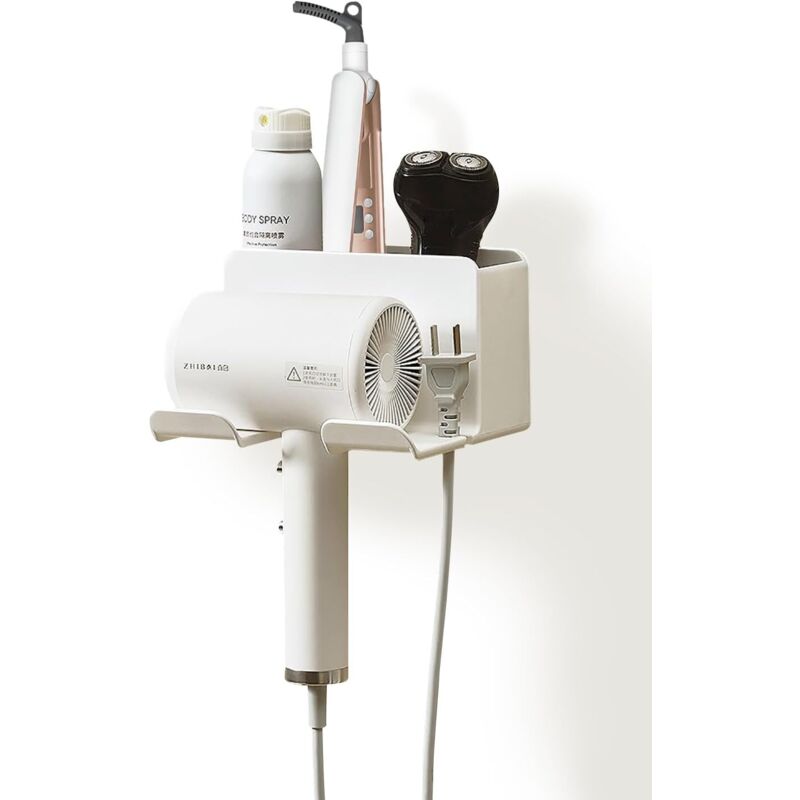 Wandmontierter Haartrocknerhalter Ohne Bohren, Aus Abs-material, Inklusive Ablagefach Und Kabelorganisator.