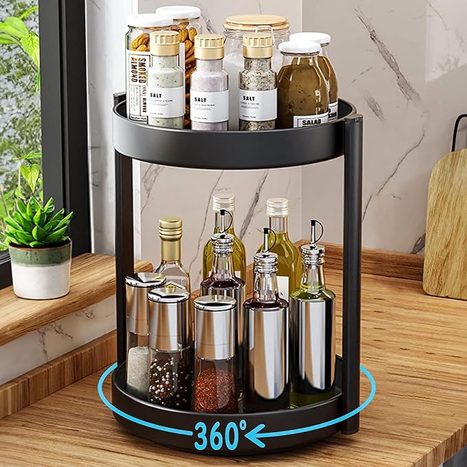 2-stöckiger Drehteller-organizer, Aus Metallstahl, 360° Drehbar, Multifunktionales Gewürzregal, Für Küche, Badezimmer, Kosmetik, 25 Cm, Schwarz
