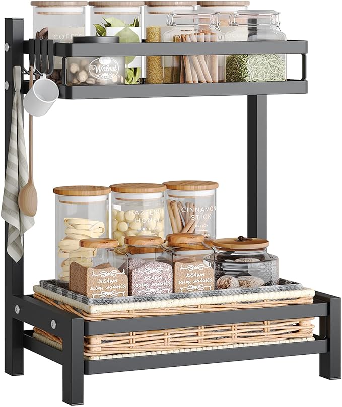 2-stufiges, Rostfreies Gewürzregal Für Die Küchenaufbewahrung, Gewürzhalter, Küchenorganizer Für Arbeitsplatten Mit Haken, Schwarz, 32 20 40cm