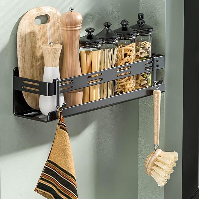 Selbstklebendes Gewürzregal, Bohrfreies Wandgewürzregal, Küchen-schranktürregal, Hängendes Gewürzregal Mit 4 Abnehmbaren Haken, Gewürzregal Für Die Küche, 40 Cm Schwarz