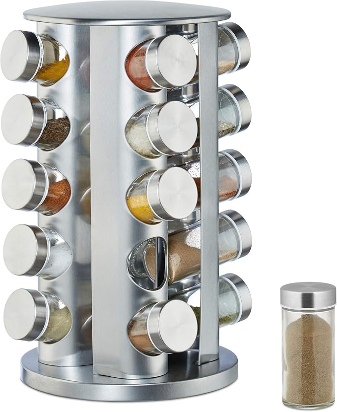 20 Gläser Aus Glas, Gewürzständer Aus Edelstahl, 360° Drehbar, 34,5 Cm Höhe, Silber