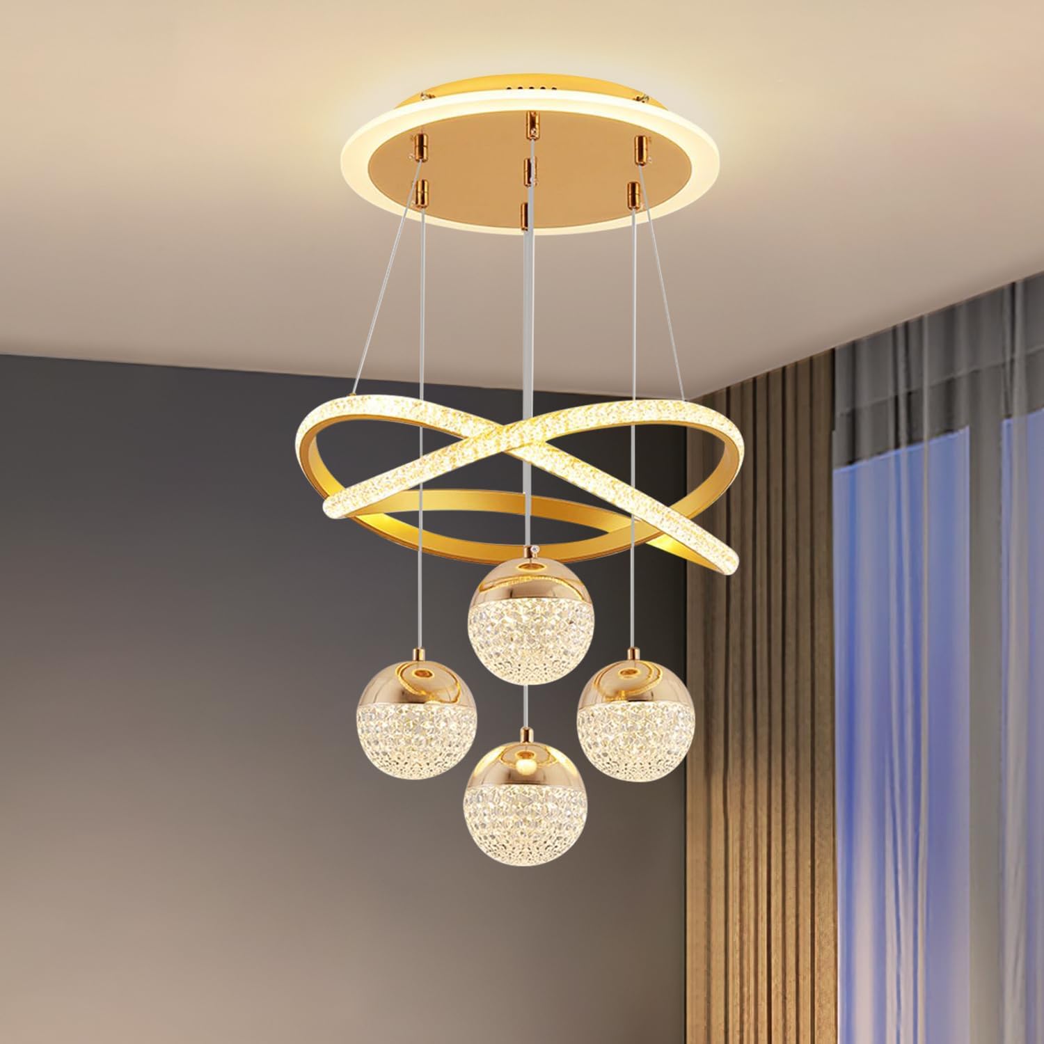 Jdong Led Pendelleuchte Kristall Hängelampe Esstisch 54w Led Hängeleuchte Gold Höhenverstellbar Für Esszimmer Wohnzimmer,dimmbar Hängeleuchte Aluminium Mit Fernbedienung