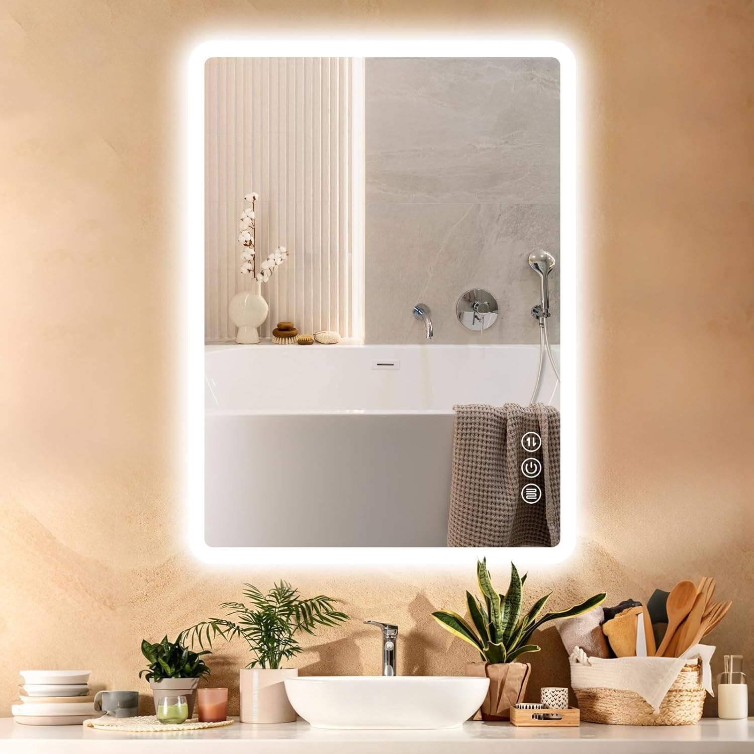 Badspiegel Mit Beleuchtung 100x60cm – Led Badezimmerspiegel Mit Anti-beschlag, Touch-schalter, Dimmbar, 3 Lichtfarben, Ip44 Badezimmer Spiegel, Für Wandmontage Horizontal Oder Vertikal