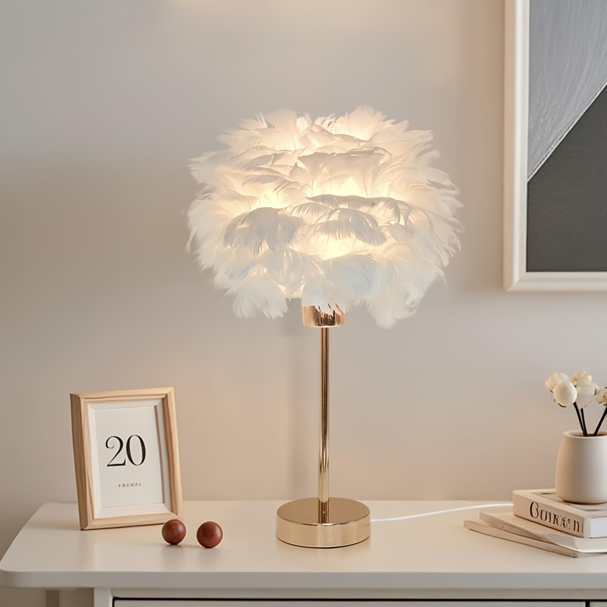Lampe Federn Nachttischlampe Feder Tischleuchte E27 Schlaflicht Kinder Nachtlicht Warmweiß Federlampe Künstliche Federn Flauschige Gold Dekolampe Für Schlafzimmer Wohnzimmer, 35cm X 47cm