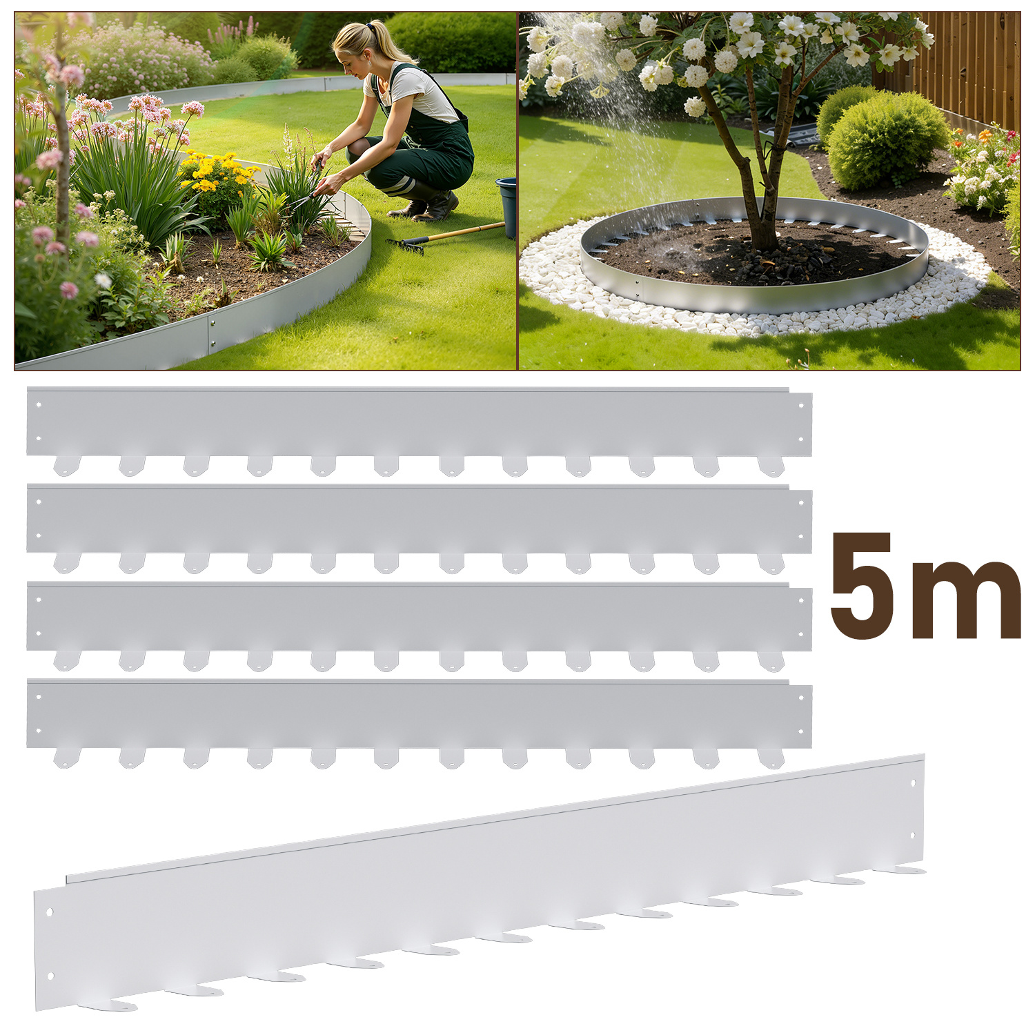 Jiubiaz Bordüre Aus Flexiblem Stahl Für Garten & Rasen - 5 Paneele À 100 Cm (5 M Gesamtlänge) - Höhe 10 Cm - Farbe Silber - Inkl. 60 Erdankern & Befestigungsnägeln