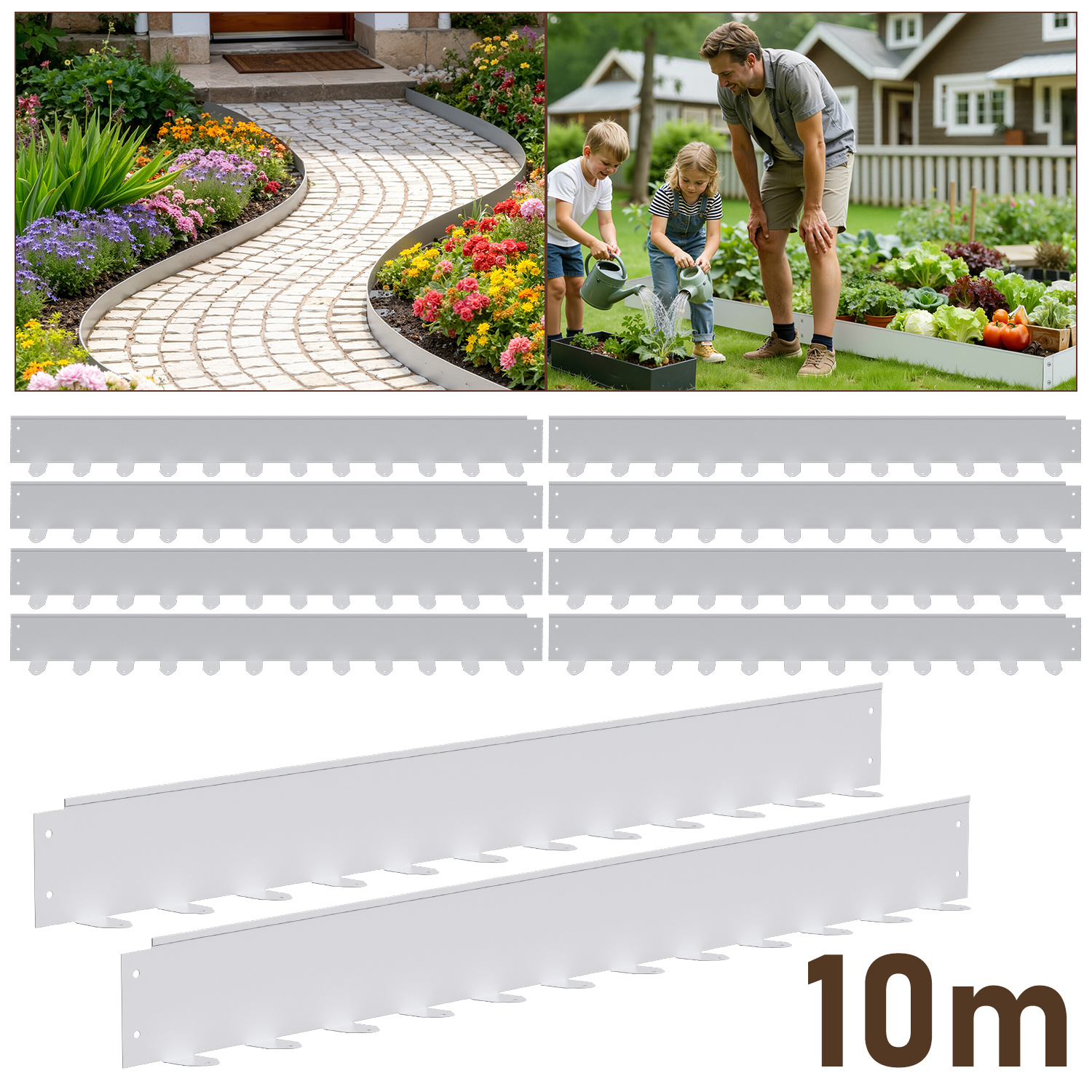 Jiubiaz Bordüre Aus Flexiblem Stahl Für Garten & Rasen - 10 Paneele À 100 Cm (10 M Gesamtlänge) - Höhe 5 Cm - Farbe Silber - Inkl. 120 Erdankern & Befestigungsnägeln