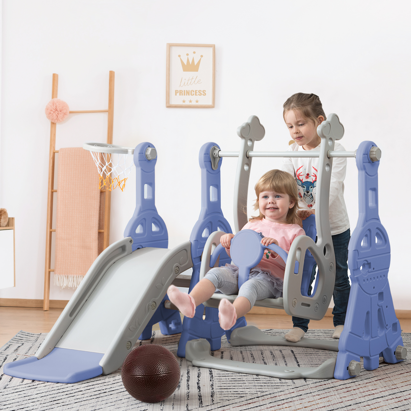 Jookgbd–rutsche Für Kinder 4 In 1 Mit Basketballkorb, Schaukel, Kletterleiter, Freistehende Rutsche Für Innen- Und Außenbereich, Von 1 Bis 6 Jahren, Blau