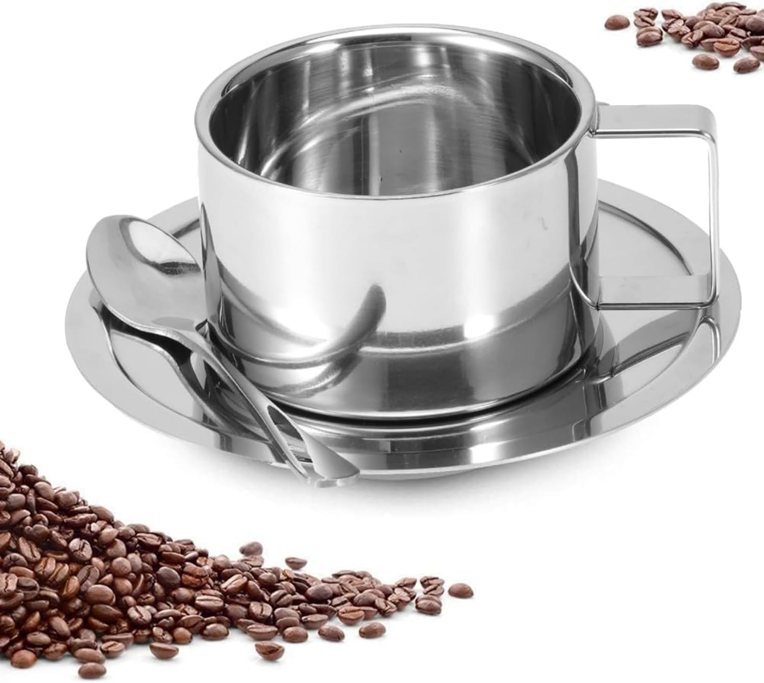 3-teiliges Set: Doppelwandige Kaffeetasse, Löffel Und Untertasse Aus Edelstahl 304