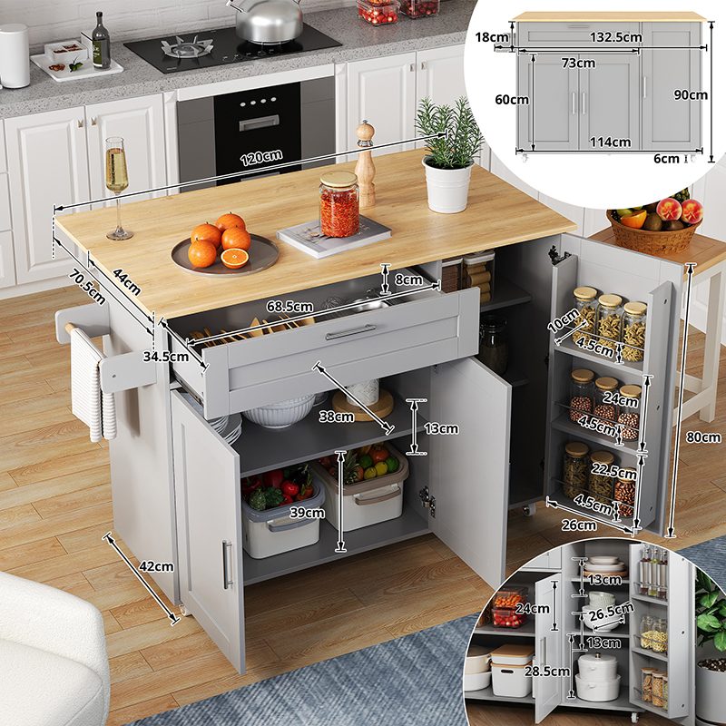 L132.5b44(70)h90cm Großer Mobiler Küchentisch, Arbeitsplatte Klappbar, Eiche Maserung, Multifunktionaler Schrank, Gewürzregal, Handtuchhalter, 5 Rollen, Geeignet Für Küche/essen/haus