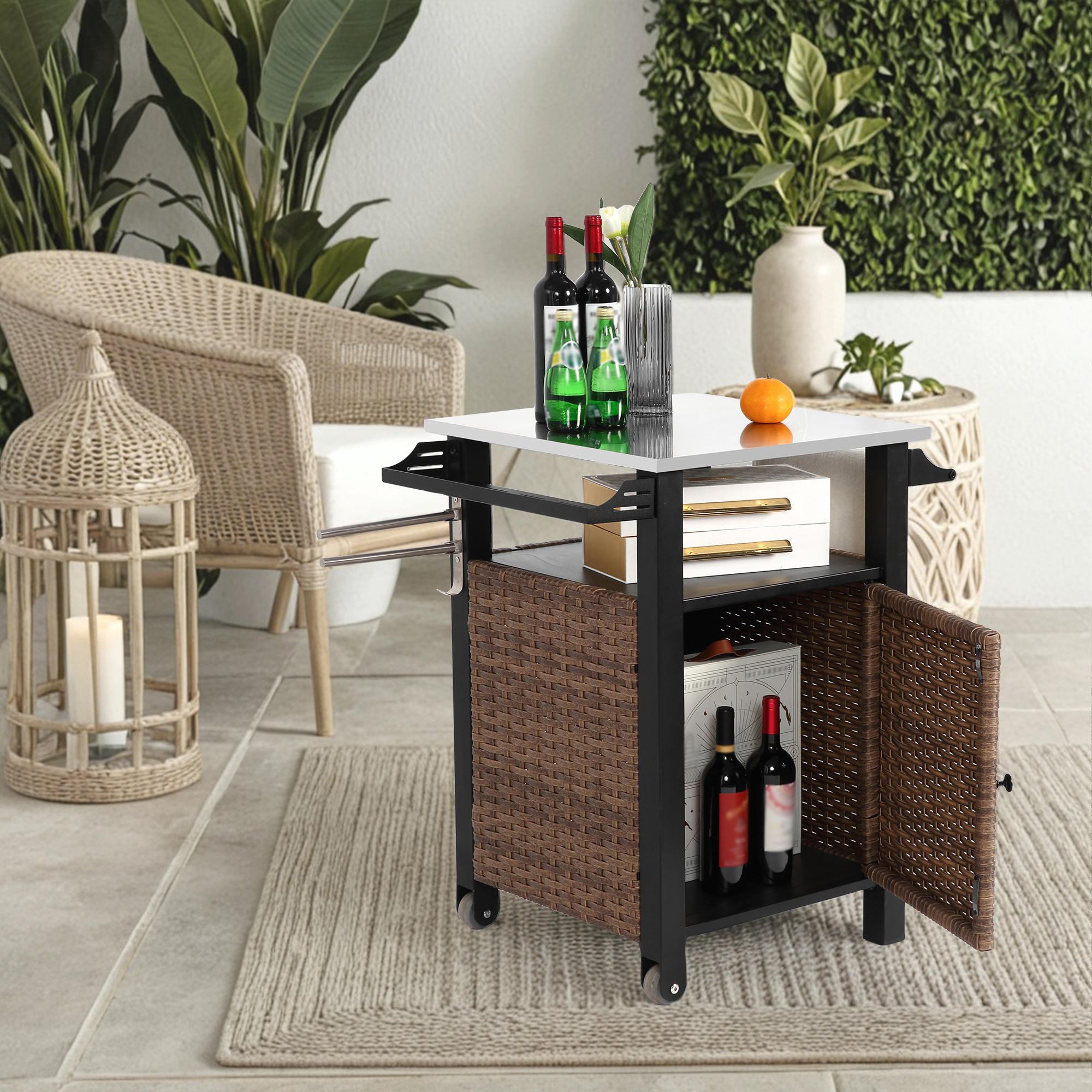Single Door Bar Cart,outdoor Kitchen Wicker Island Rolling Cart & Storage Cabinet, Wheels And Stainless Steel Extended Table Top, Side Handle For Patio Kitchen Or Bar Cart, Brown