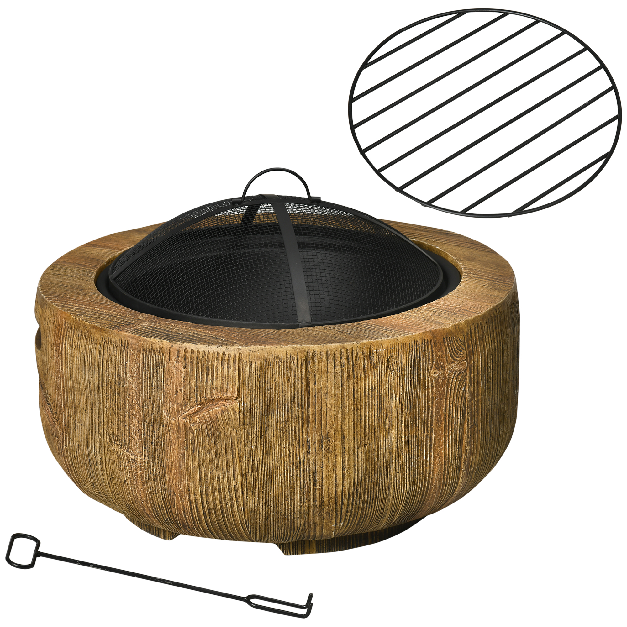 Feuerschale Feuerstelle Mit Deckel Und Schürhaken Im Baumstumpf-design Für Garten Camping Terrasse Aus Stahl Mgo Braun