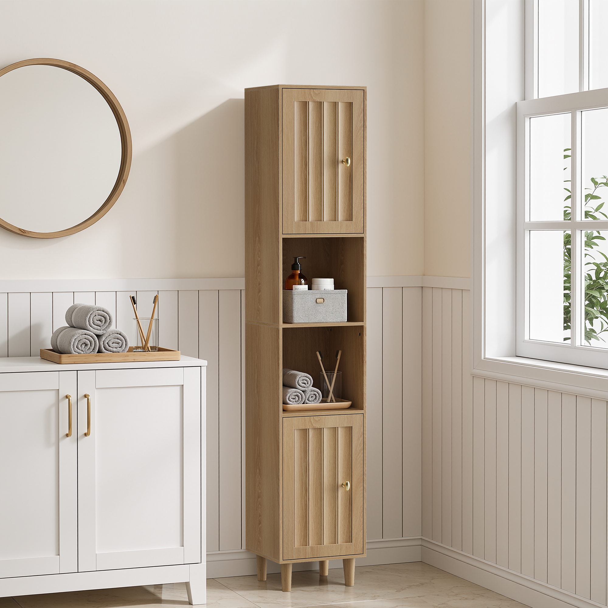 Hochschrank Waschmaschinenschrank, Badezimmerschrank Mit Türen & Offenen Regalen, Schmaler Aufbewahrungsschrank Aus Holz Für Waschküche, Balkon, Bad, Küche, Freistehend, Eiche Optik