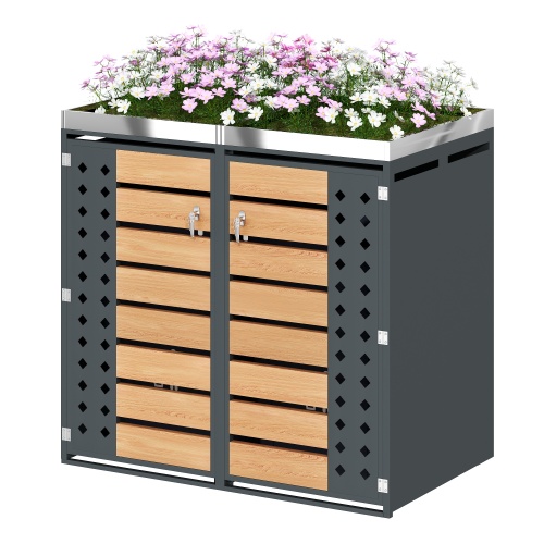 Mülltonnenbox , Horizontale Holzmaserungspaneele, Trash Storage Compartments,abschließbar, Zwei Türen,pflanzfläche,diamantförmiges Hohltürpaneel