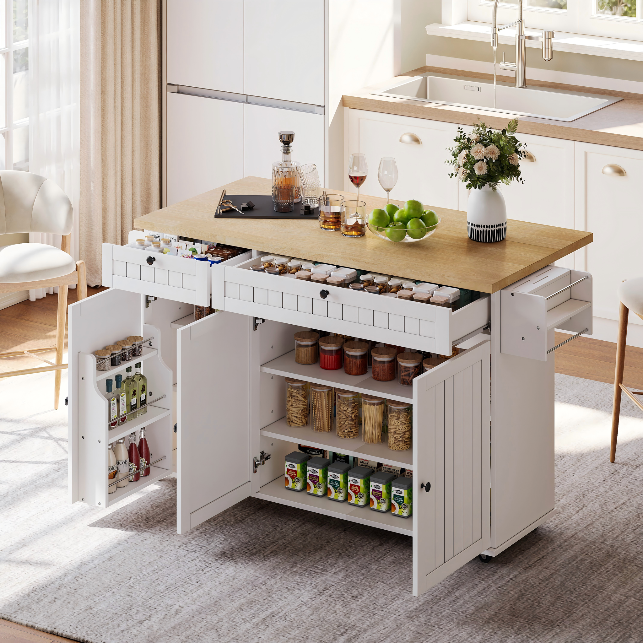 Kücheninsel Mit Klappbarer Arbeitsplatte, Küchenschrank Auf 6 Feststellbaren Rollen, Mit Ablage, Türregal, 2 Großen Schubladen Und Schrank, Weiß, 137 X 89,5 X 45 Cm