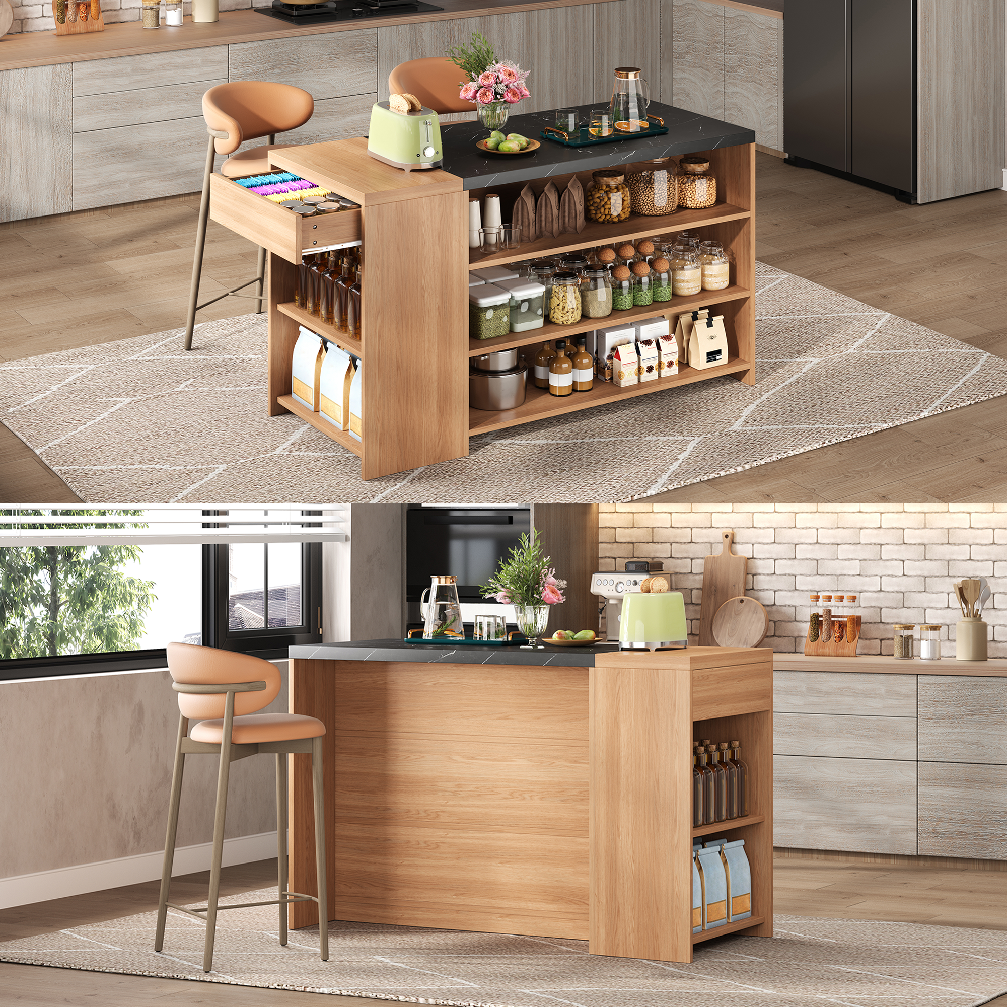 Kücheninsel Bartheke/bartisch/esstisch, 5 Ebenen Stauraum & Versteckte Schublade, Verdickte Tischplatte, Eiche & Schwarz In Marmor-optik, 140×60×90 Cm