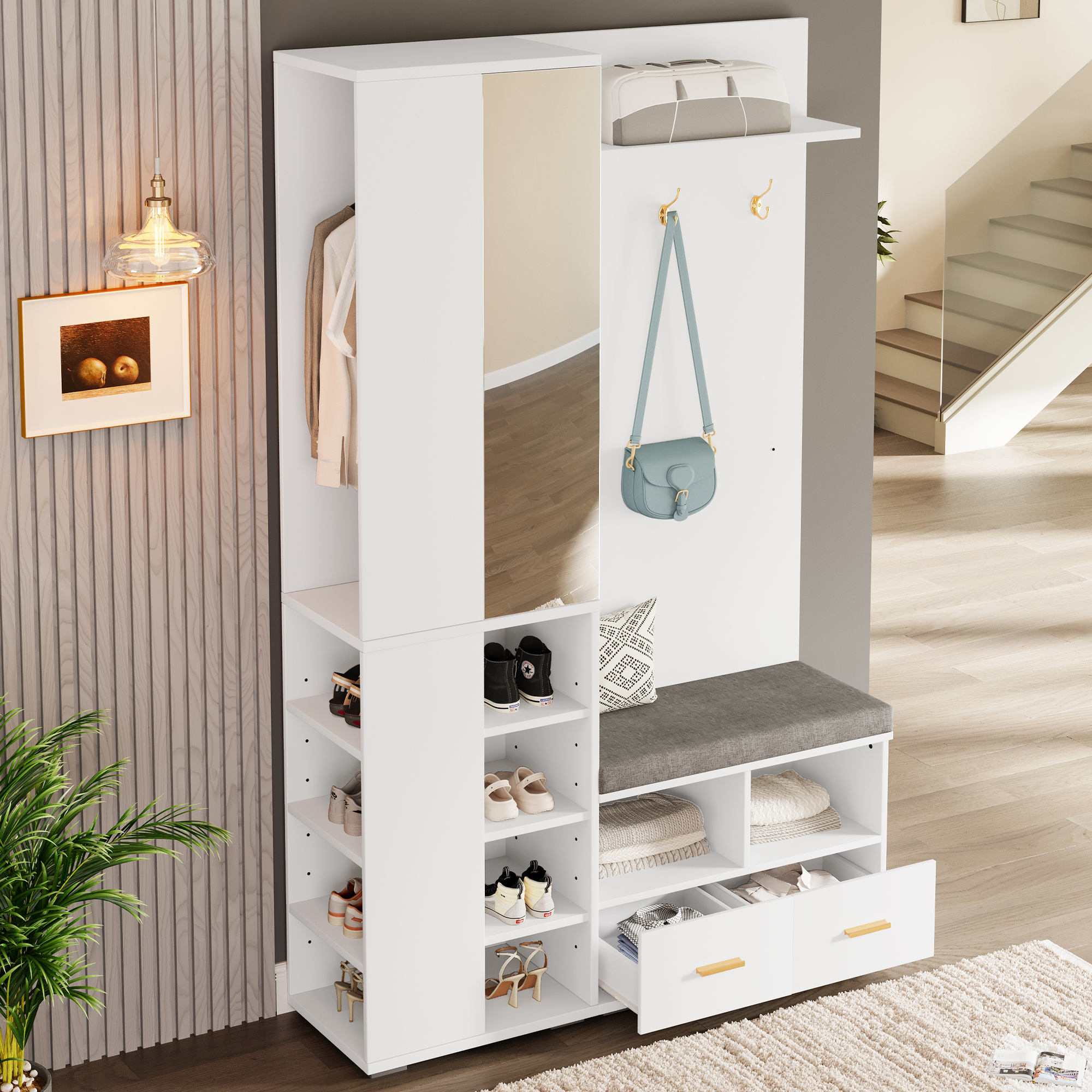 Garderobenset Wandgarderobe, Flurschrank Mit Spiegel, Kleiderstange, Schuhbank Mit Durchbrochenem Regal, 3 Haken, 2 Schubladen Und Ablagefach, Weiß, 120x35x190 Cm.
