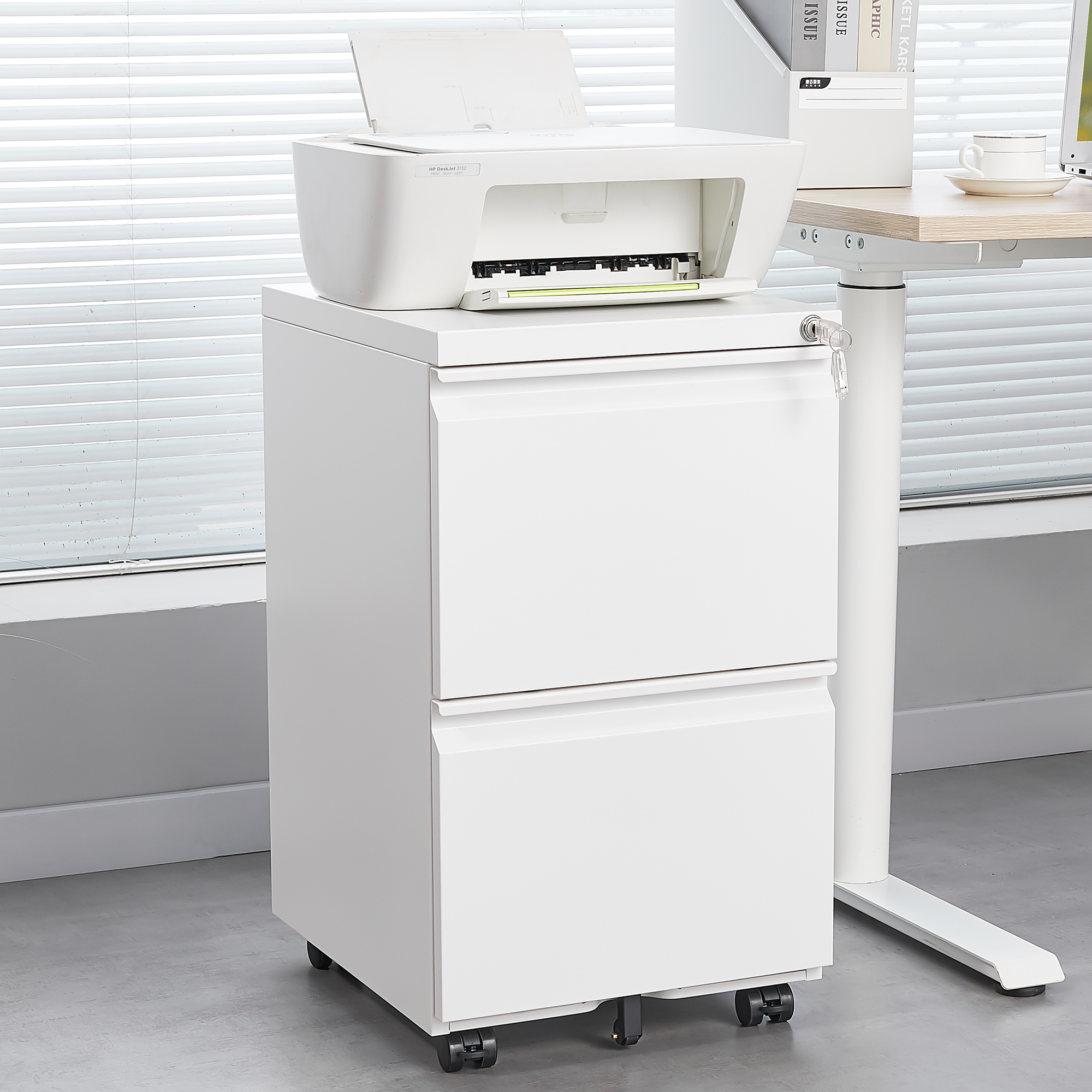 White 2-drawer Metal Mobile Locking File Cabinet, Under Desk Steel Office Filing Cabinet, 25.6"h For Legal/letter Size Documents