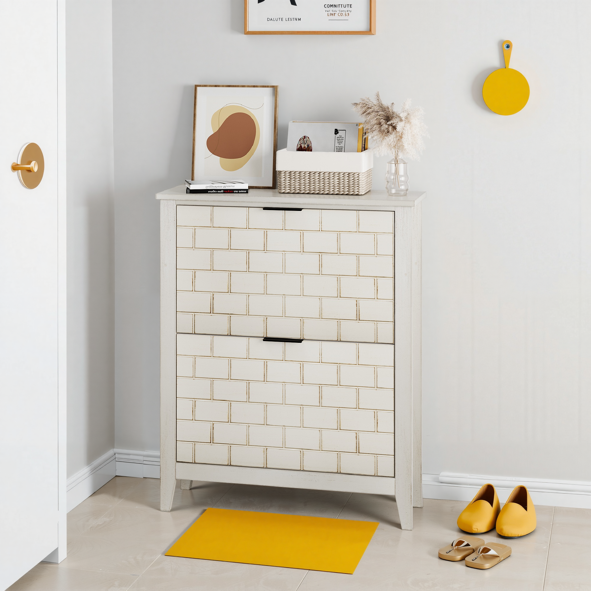 80 Cm Vintage-schuhschrank In Weiß, Freistehender Mid-century-vintage-schuhschrank, Schuhschrank Mit 2 Klappschubladen, Geeignet Für Flur Und Eingangsbereich, Treppenhausecke
