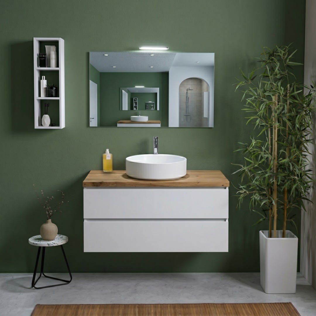 Hängendes Badmöbel 100 Cm Weiß Export Mit Naturholzplatte, Spiegel Und Lampe Berlin