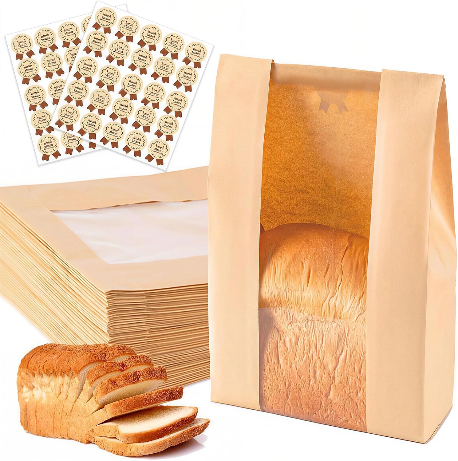 Packung Mit 50 Braunen Kraftpapier-brottüten Mit Sichtfenster, Bäckereitüten Mit Selbstklebendem Etikett Zur Aufbewahrung Von Brot, Sauerteig, Keksen Und Snacks (30129cm)