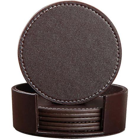 Untersetzer Mit Halter, Set Mit 6 Runden Braunen Untersetzern Aus Pu-leder Für Kaffee- Und Teetassen.