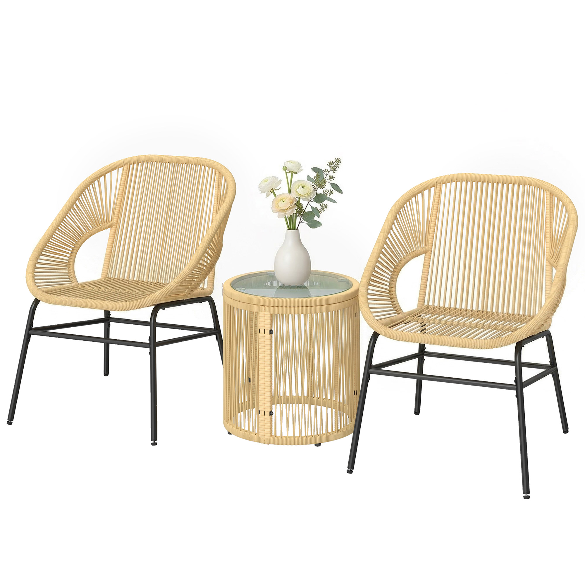 3-teiliges Bistro-set Aus Rattan Und Stahl Mit 2 Stühlen Und Rundem Tisch Mit Beigefarbener Tischplatte Aus Gehärtetem Glas.