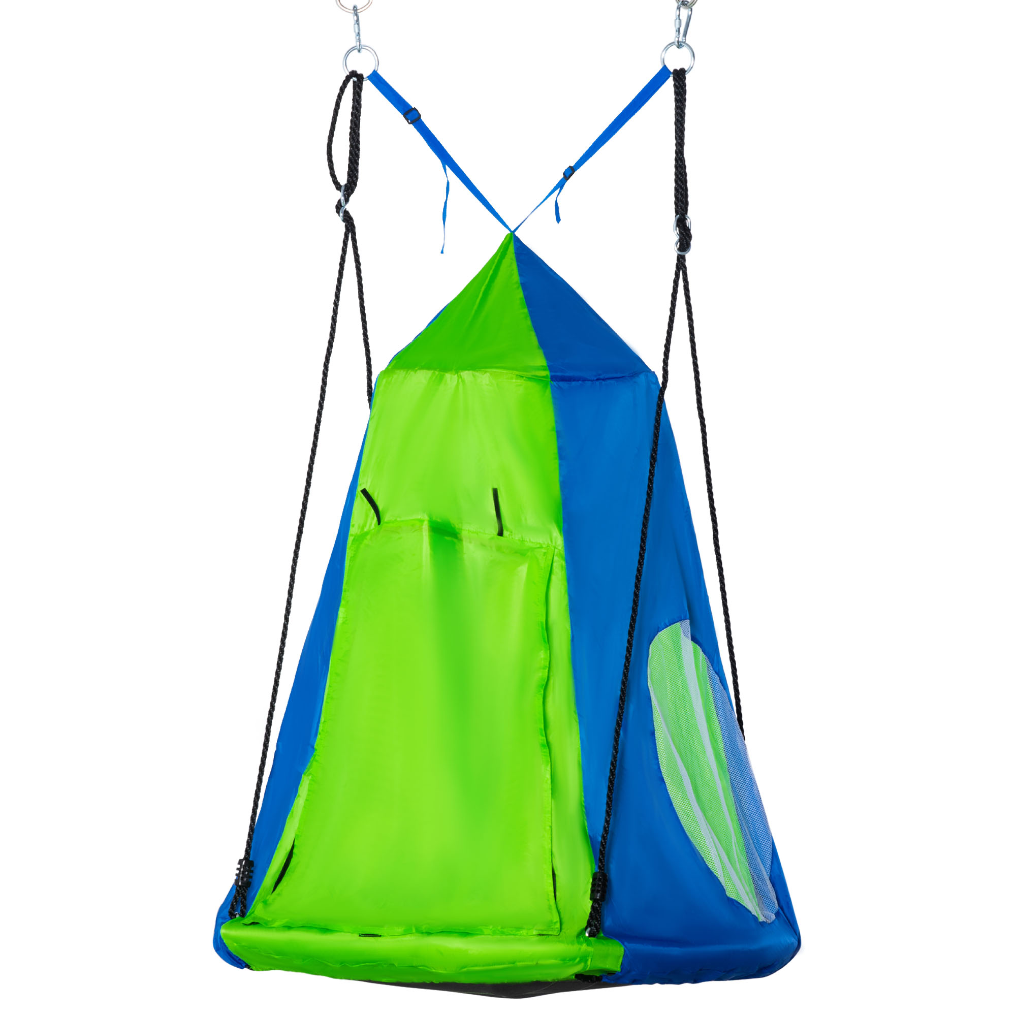 Outsunny Runde Vogelnestschaukel Mit Abnehmbarem Dach, Ø 100 Cm, 4 Ringe Inklusive, Hochdichtes, Epoxidbeschichtetes Oxford-metall – Grün Und Blau