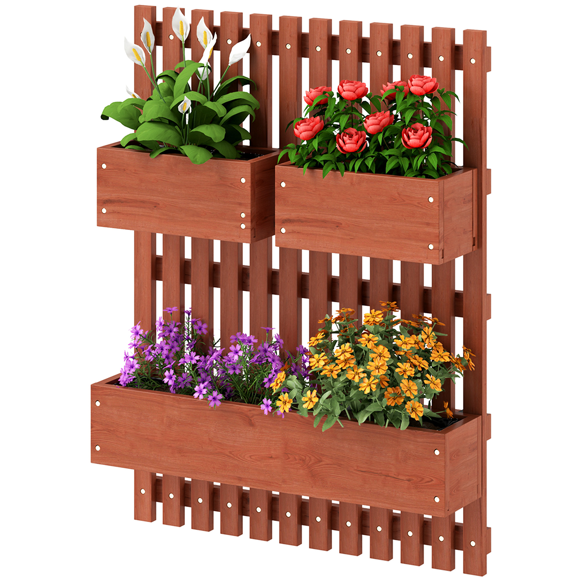 Vertikaler Lattengarten Mit 3 Herausnehmbaren Töpfen, Aus Tannenholz, 60 X 16 X 80 Cm, Braun