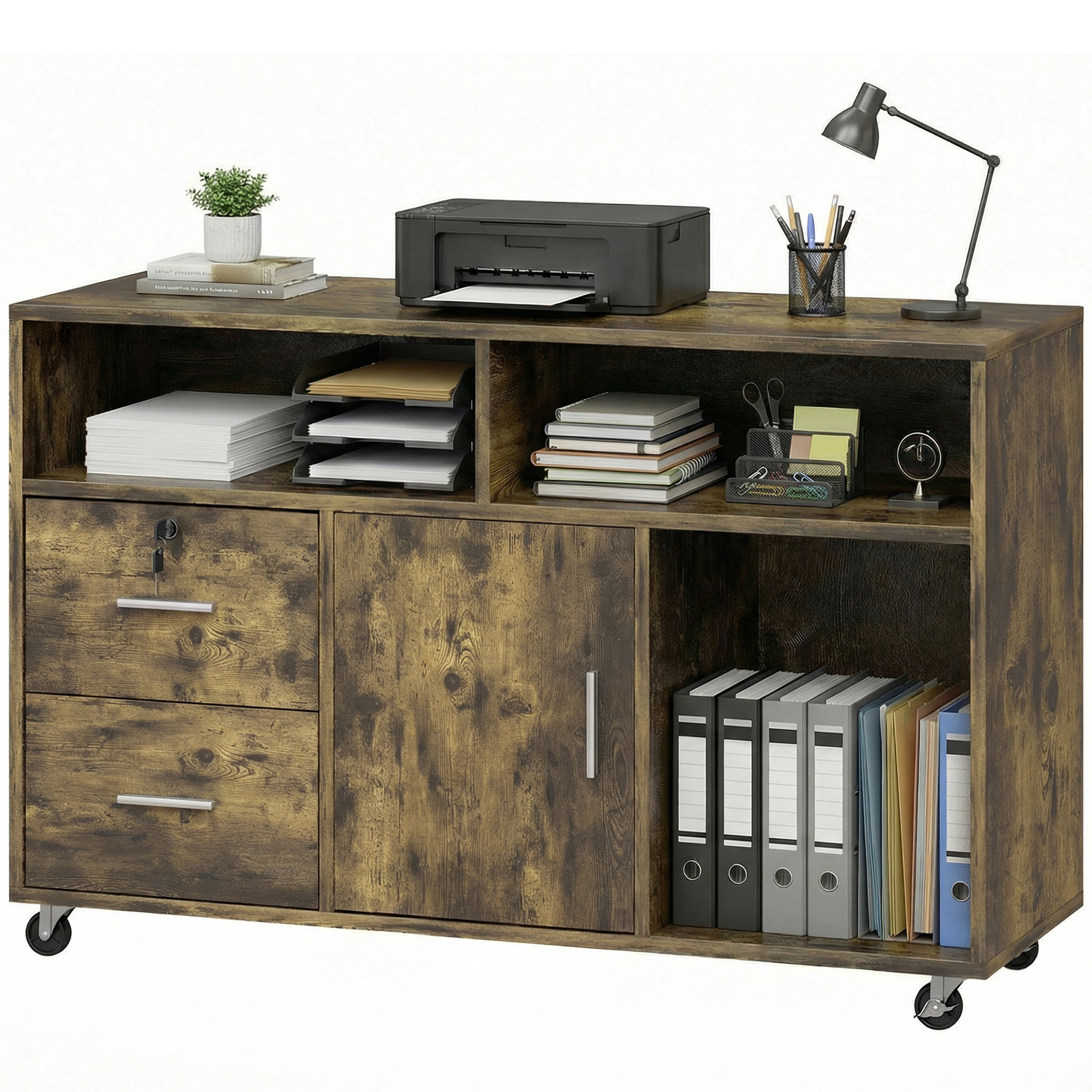 Mobiler Kleiderschrank Aus Holz Auf Rollen, 2 Schubladen, 3 Regalböden Und 2 Schrankfächer, 100 X 35 X 65 Cm, Braun