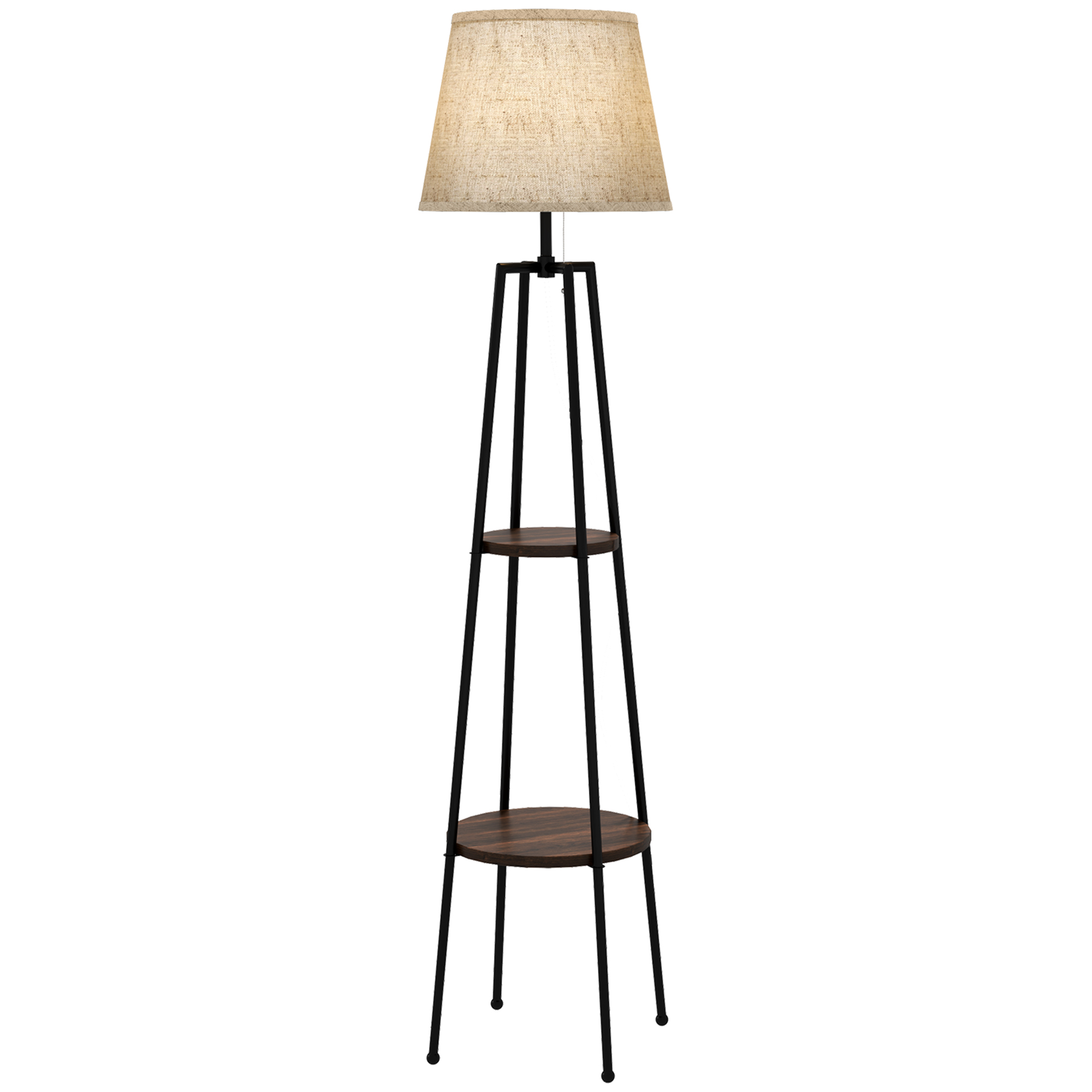 Stehlampe Mit Ablagen, E27-fassung (40 W), Zugschalter, Stofflampenschirm, 42 X 42 X 166 Cm, Schwarz Und Braun