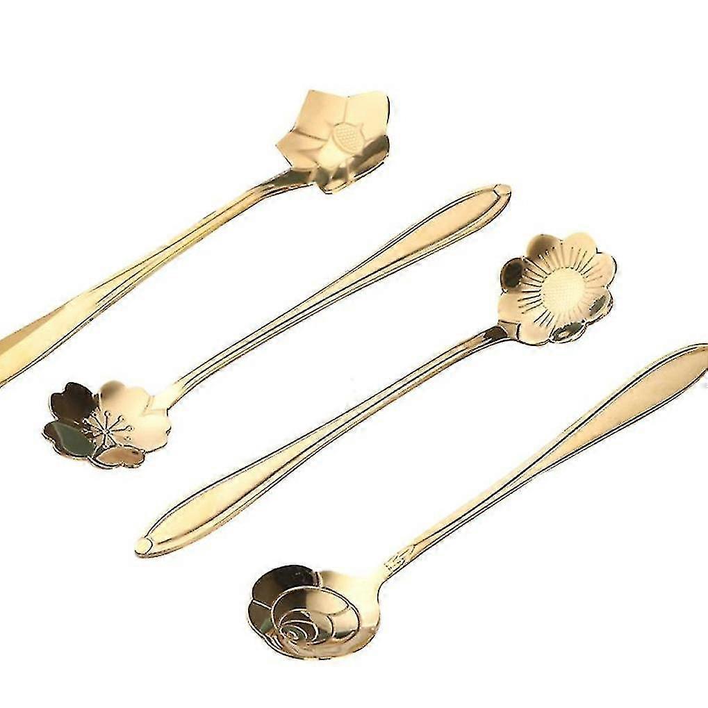 Set Mit 4 Tee-/dessertlöffeln Aus Edelstahl Mit Sakura-gold-blumenmuster