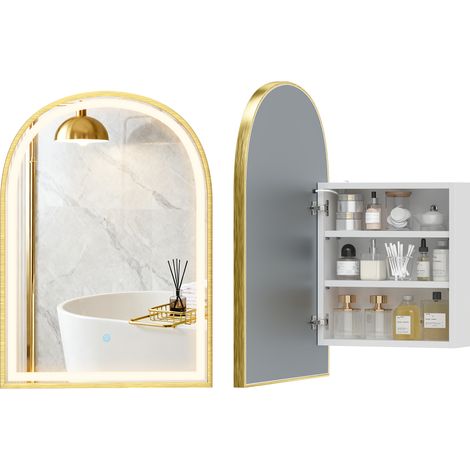 Led-beleuchteter Badezimmer-wandschrank Mit Spiegel, Gewölbter, Beschlagfreier Tür, 50 X 14,5 X 70 Cm, Gold