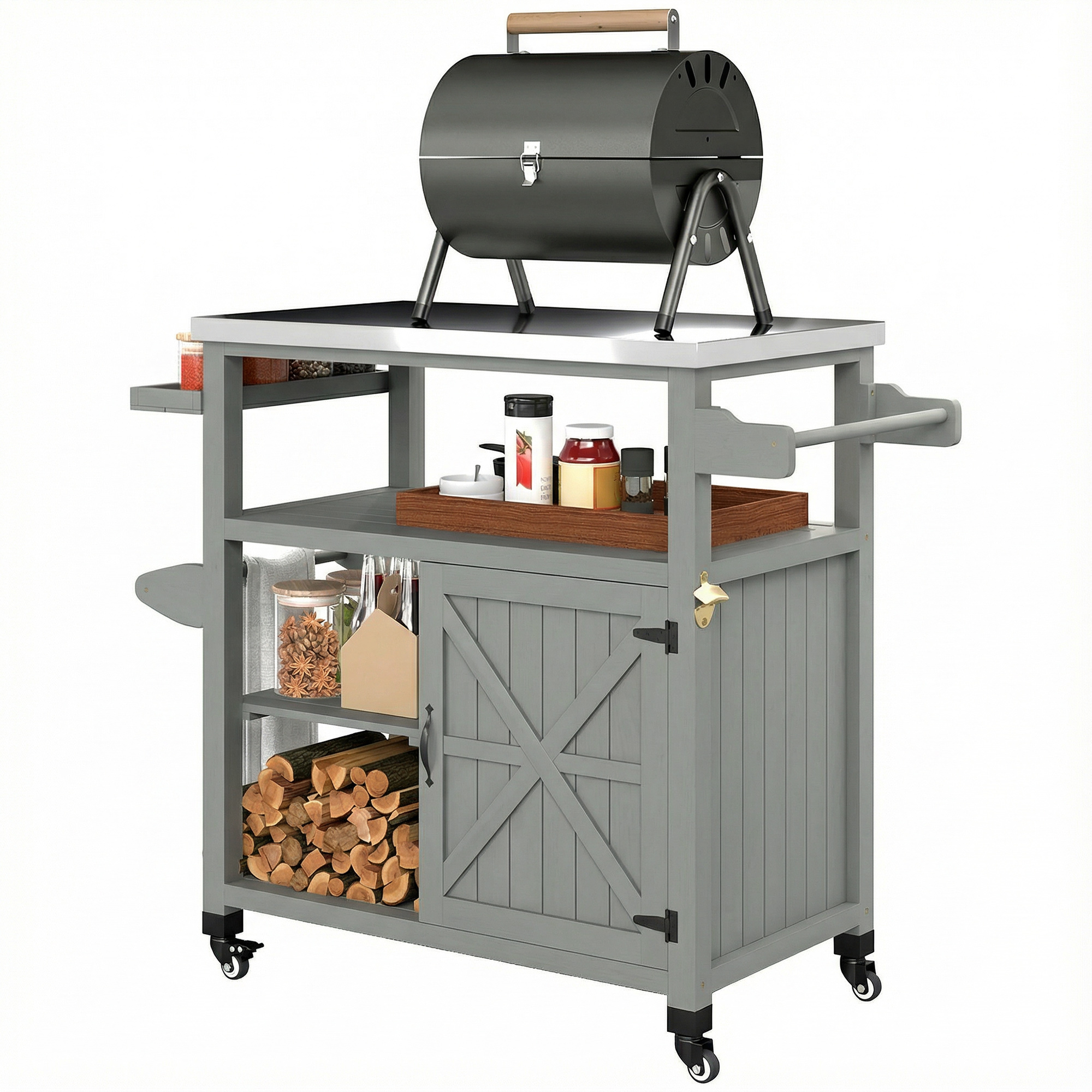 Gartenwagen Mit Rädern Für Grill, Edelstahlplatte 107 X 49,5 X 92,5 Cm, Grau