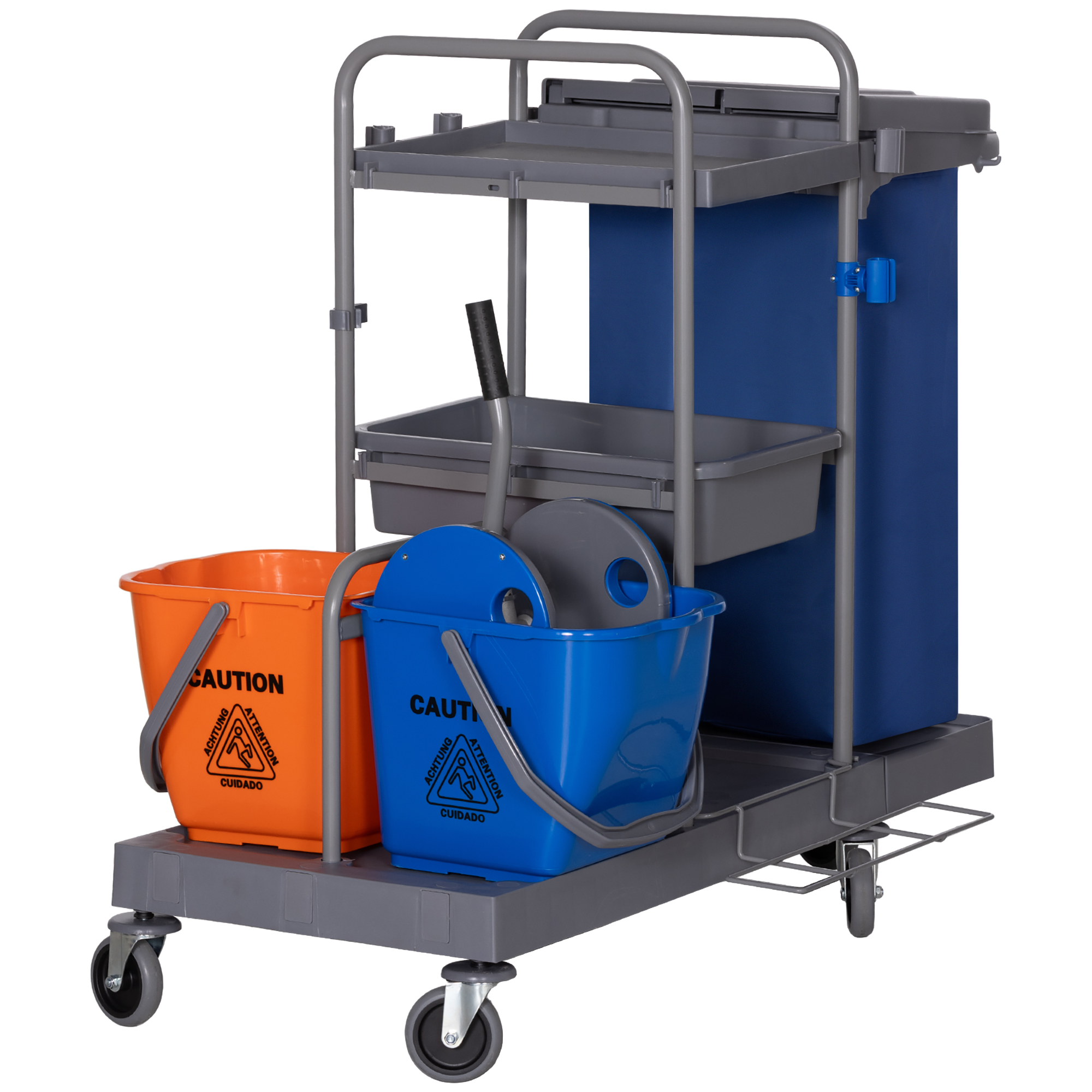 3-stöckiger Reinigungswagen Mit Müllbeutel Und Auswringer, 111 X 63,3 X 103 Cm, Grau, Blau Und Orange