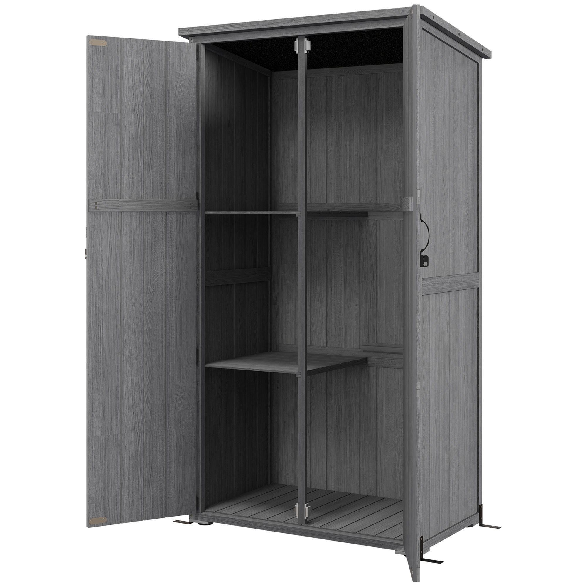 Freistehender Gartenschrank Aus Massivem Grauem Holz, 90 X 54,5 X 168,5 Cm, 2 Ablagen, Bitumenbeschichtetes Schrägdach