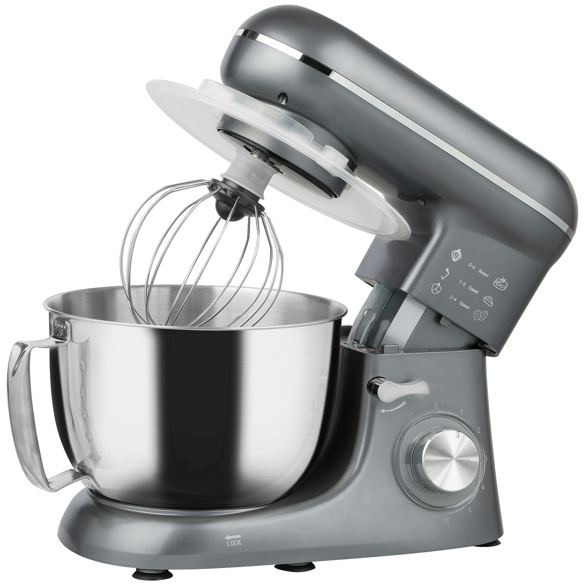 1300-watt-küchenmaschine, 4,5-liter-profi-knethaken, Edelstahlschüssel, 6+ Geschwindigkeitsstufen + Pulsfunktion, Silber