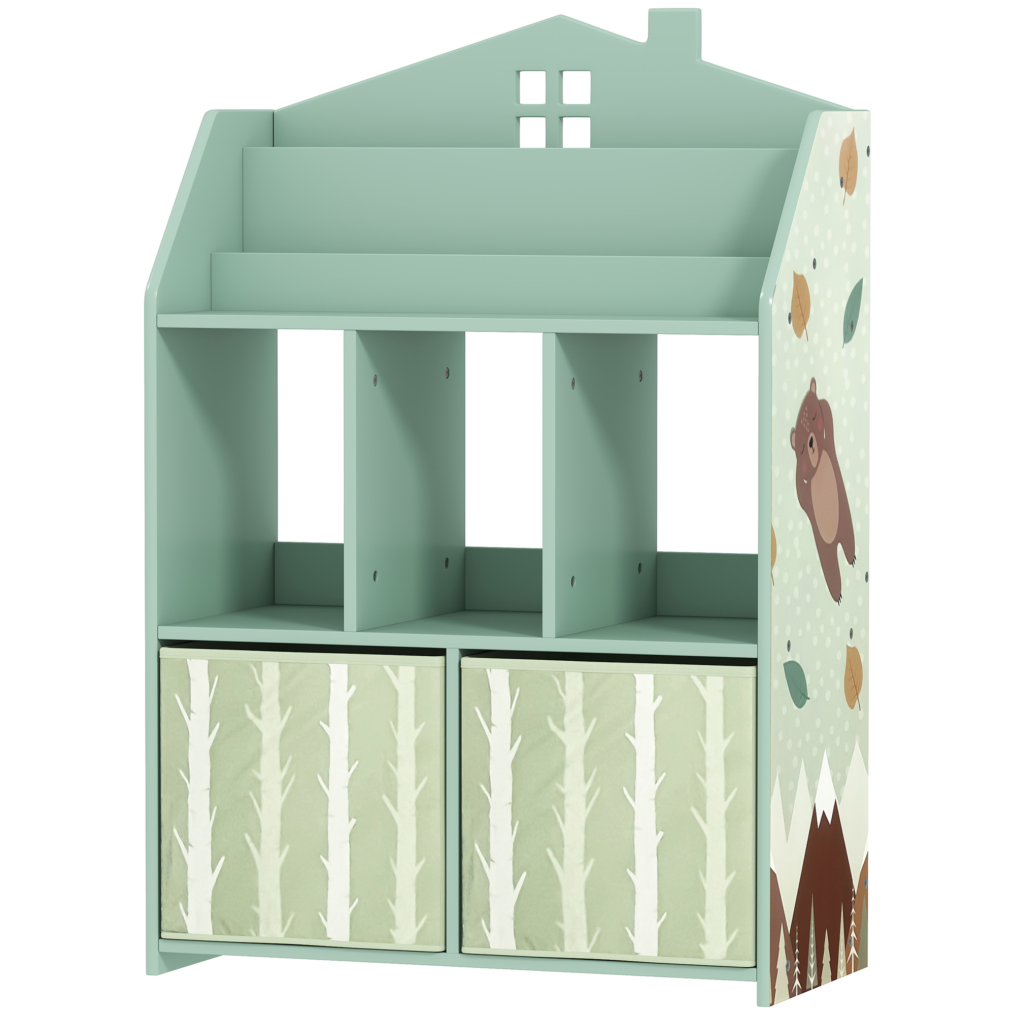 Kinderbücherregal Mit Offenen Regalfächern Und 2 Stoffschubladen, Mdf, Grün