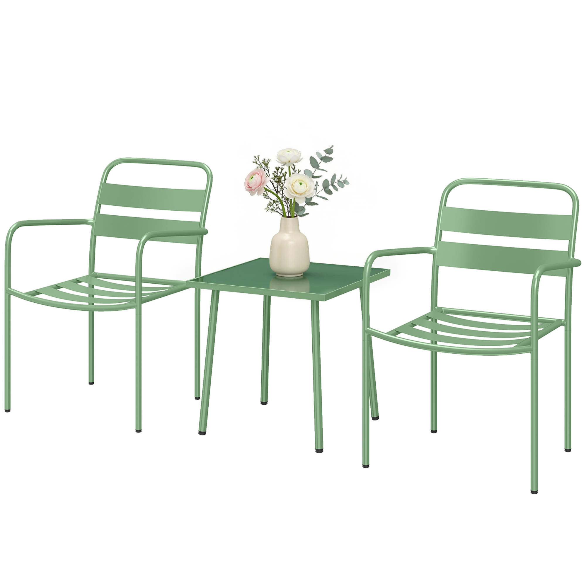 3-teiliges Gartenbistro-set – Couchtisch Aus Gehärtetem Glas Und 2 Lattenstühle, Gestell Aus Verzinktem Stahl, Grün