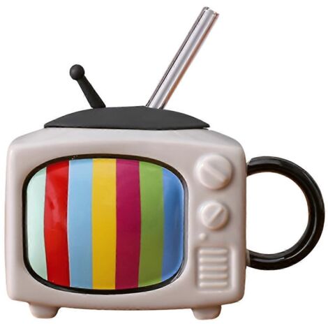 Quadratisches Keramik-kaffeebecher-set Mit Strohhalm Und Retro-fernseher – Hellgrau